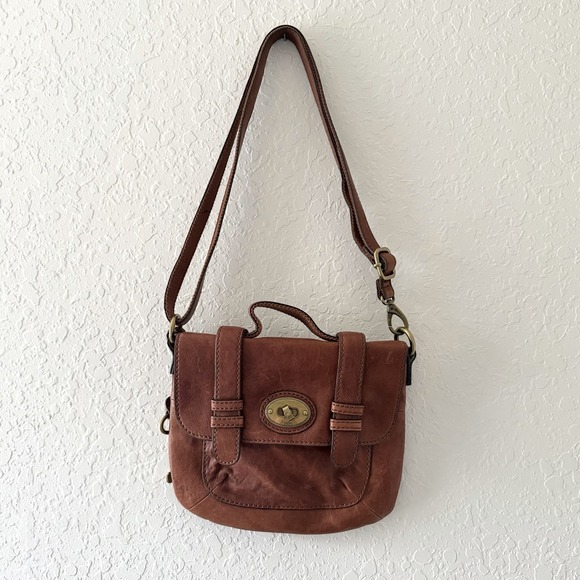 Fossil Handbags - Fossil Leather Purse Crossbody Saddle Bag Brown Messenger Minimalist Key Charm